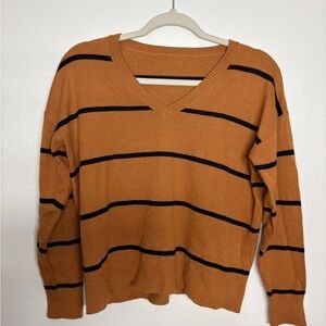 Striped V-Neck Sweater - Tan and Black